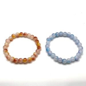 Agate Natural Stone Stretch Bracelet Set OS Blue Orange Beaded Boho Yoga Jewelry